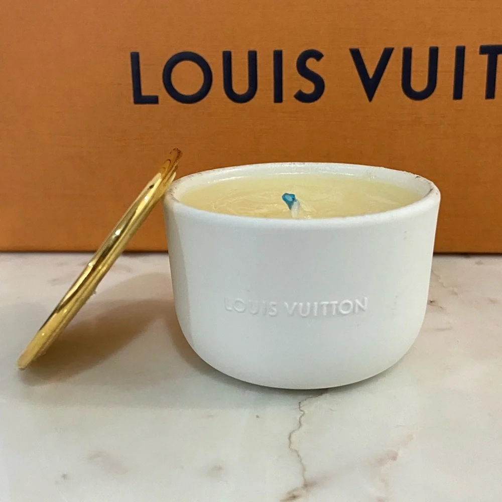 Authentic Louis Vuitton Ceramic Scented Candle with Gold Lid Accent
